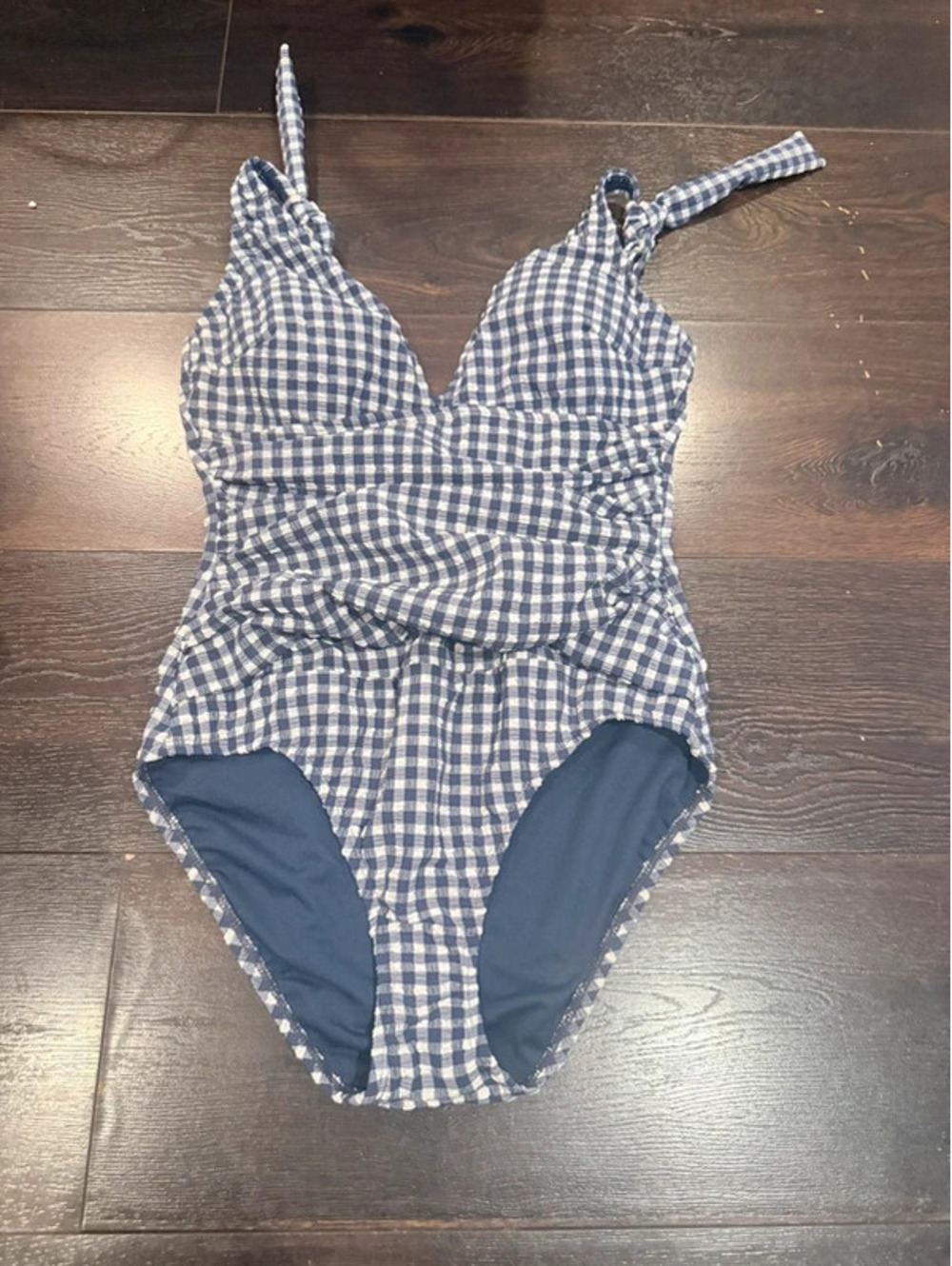 Ellen Tracy Navy Blue Gingham One-Piece Swimsuit Size S H19